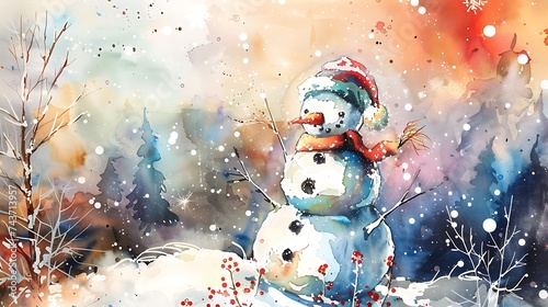 Summer Snowman Christmas Watercolor Magic Blending Snowy Delights with Sunny Surprises. Generative Ai