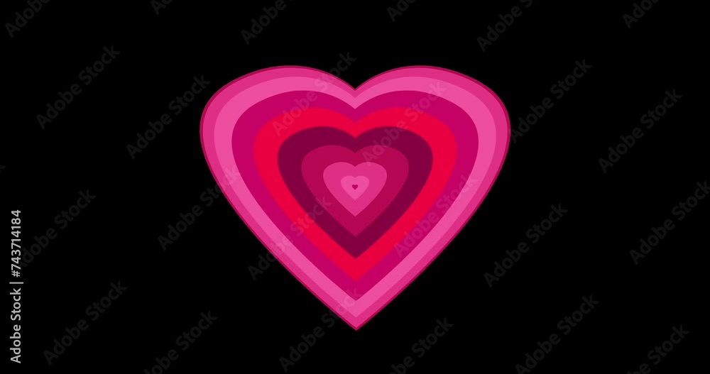 
4K Concentric hearts infinite generating love machine concept. Passionate lovers Valentine's day wedding marriage anniversary element. Lovely honeymoon advertisement flirting icon in black overlay.

