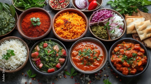 Rich in flavors and nutrients, a spread of vegetarian Indian cuisine features an array of legumes, rice, and spicy curries, inviting diners to savor the vibrant and diverse flavors of traditional dish