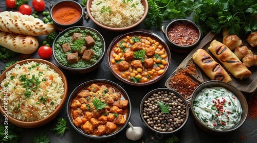 An enticing spread of vegetarian Indian cuisine showcases a variety of legumes, rice, and flavorful curries, highlighting the richness of spices and the nourishing qualities of plant-based ingredients