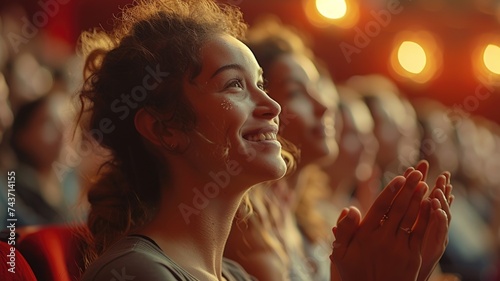 ,happy satisfied audience joyfully applauding during business conference