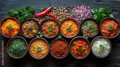 Bursting with flavor and nourishment, a spread of vegetarian Indian cuisine offers a delightful selection of legumes, rice, and spicy curries, inviting guests to experience the vibrant tastes and arom photo
