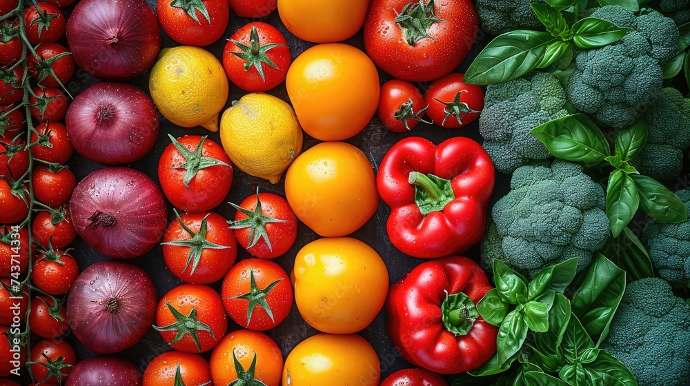 In a top-down food photography composition, vibrant fresh vegetables are meticulously arranged to showcase their textures and colors, forming a visually appealing and enticing display. In a top-down food photography composition, vibrant fresh vegetables are meticulously arranged to showcase their textures and colors, forming a visually appealing and enticing display.