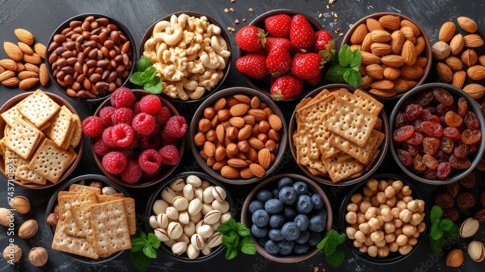Displayed on a dark textured background, a variety of healthy snacks, including an assortment of nuts, seeds, berries, and whole grain crackers, offers a tempting and wholesome option for snacking. Displayed on a dark textured background, a variety of healthy snacks, including an assortment of nuts, seeds, berries, and whole grain crackers, offers a tempting and wholesome option for snacking.