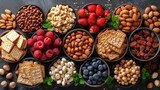 Displayed on a dark textured background, a variety of healthy snacks, including an assortment of nuts, seeds, berries, and whole grain crackers, offers a tempting and wholesome option for snacking.