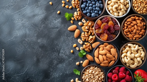 Against a dark textured background, a diverse selection of healthy snacks, ranging from various nuts and seeds to berries and whole grain crackers, promises a satisfying and nutritious nibble.