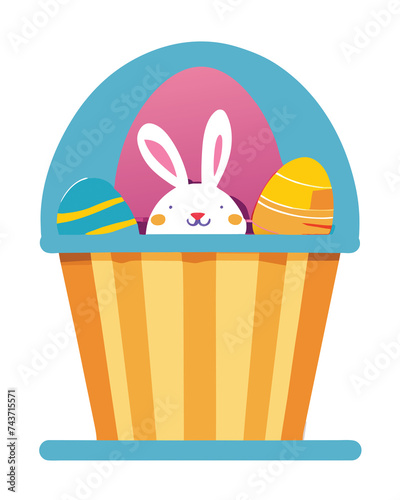 Cute bunny amidst colorful Easter eggs in a basket. (ID: 743715571)