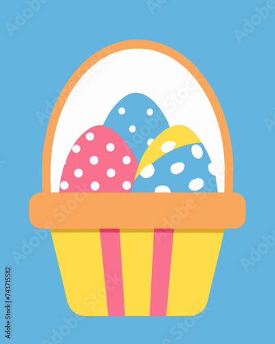 Colorful Easter eggs in a bright basket, set against a vibrant blue background. (ID: 743715582)