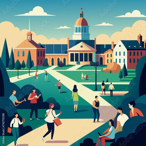 A university campus bustling with activity. vektor illustation