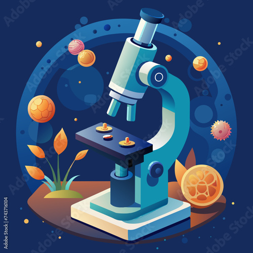 A microscope revealing the hidden world of cells and microorganisms. vektor illustation