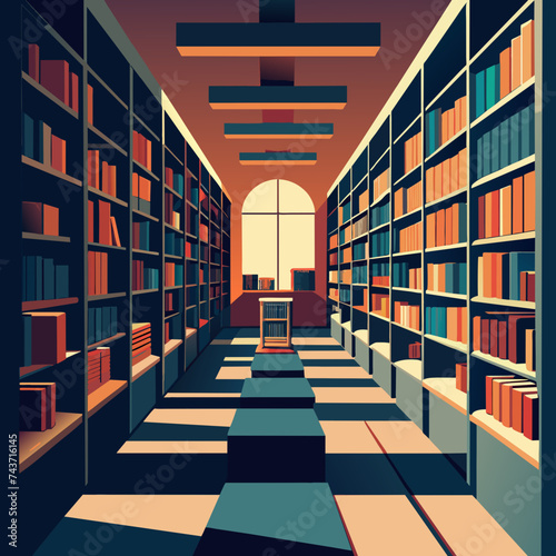 A library scene with rows of shelves filled with books. vektor illustation