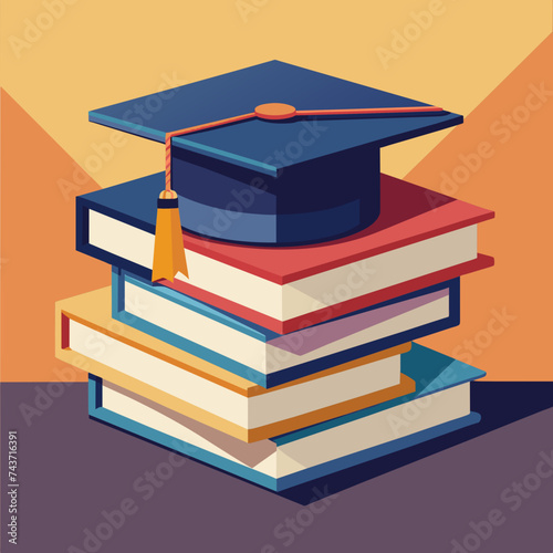 A stack of books with a graduation cap resting on top, symbolizing achievement. vektor illustation