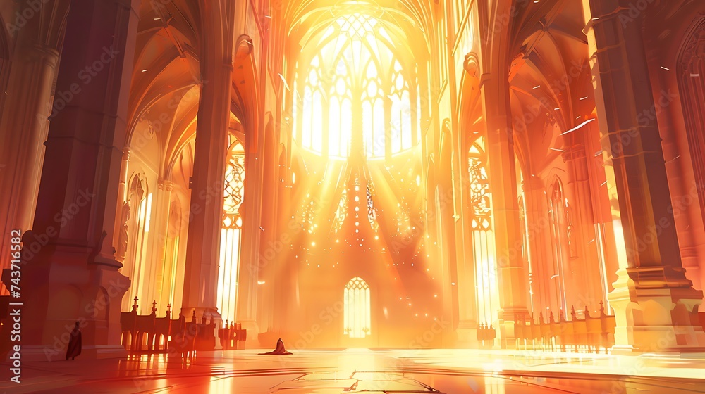 The cathedral is illuminated by sunlight architectural details large iconic. Generative Ai