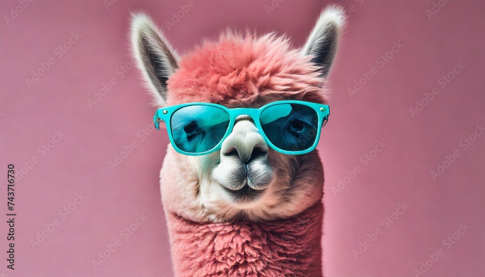 pink alpaca wearing turquoise sunglasses on pink background