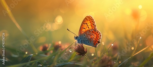A Lycaena hippothoe butterfly sits gracefully on a grassleaf, illuminated by beautiful background and tender sunlight. photo
