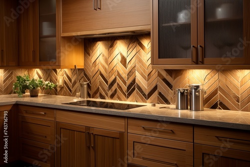 Mosaic Tile Backsplash Kitchen Ideas: Abstract Wood Paneling Cabinet Doors Design Brilliance.