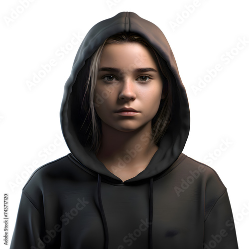 3d rendering of a teenage girl in a black hooded sweatshirt © Muhammad