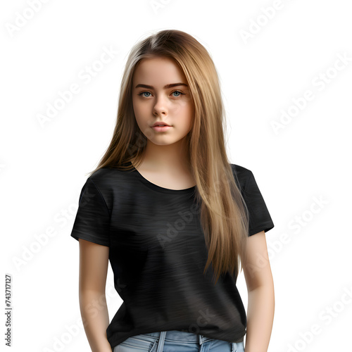 Portrait of a beautiful young girl in a black T shirt. isolated on white background
