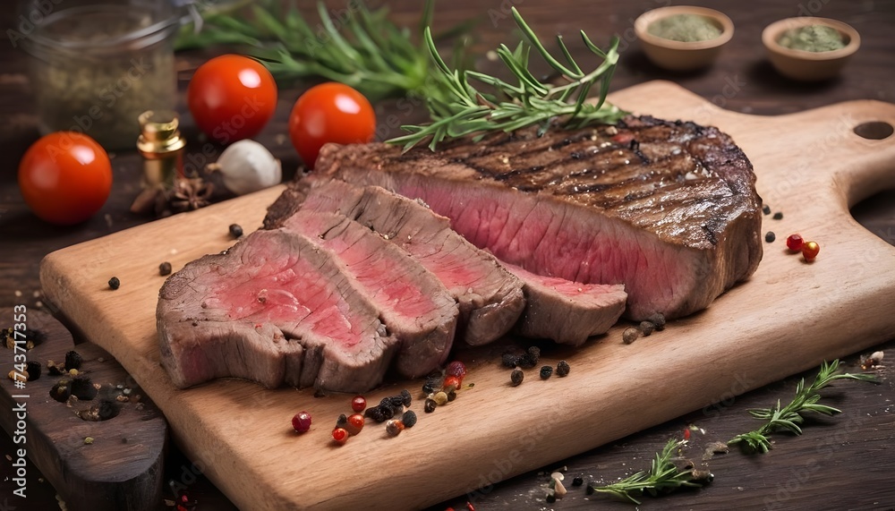 Juicy beef steak with spices and herbs on wooden cutting board