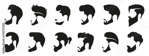 Man beard and haircut emblems icons collection for barbershop. Set of hipster hair style and beards style. Barbershop and haircut style collection