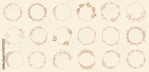 Floral wreath collection. Set of vintage tree branch wreath for design. Hand drawn floral frames with flowers, branch and leaves. Flower and leaf wreath frame decoration