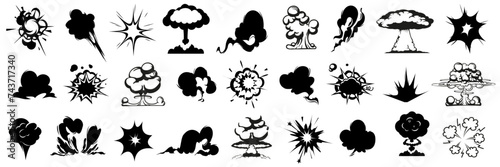 Explosions cloud collection in black. Explosion, burst fire effect of exploded dynamite or nuclear bombs icons collection