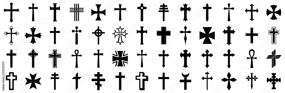 Christian cross set. Abstract religious cross icon collection. Set of cross icons for religion. Cross shape collection - obrazy, fototapety, plakaty 