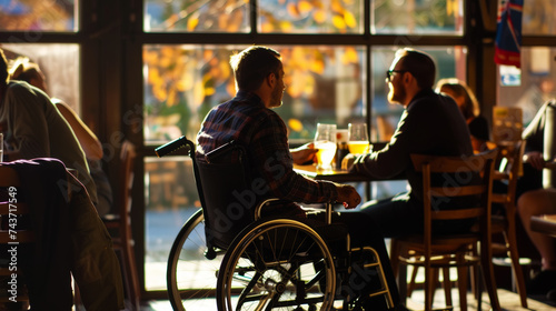 Friends are in restaurant  one of them is disabled and uses a wheelchair. Inclusiveness concept. Generative AI