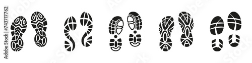 Boots footprints human shoes icon collection. Set of black prints of shoes. Black imprint soles shoes icon collection. Set of footprints stamped icons