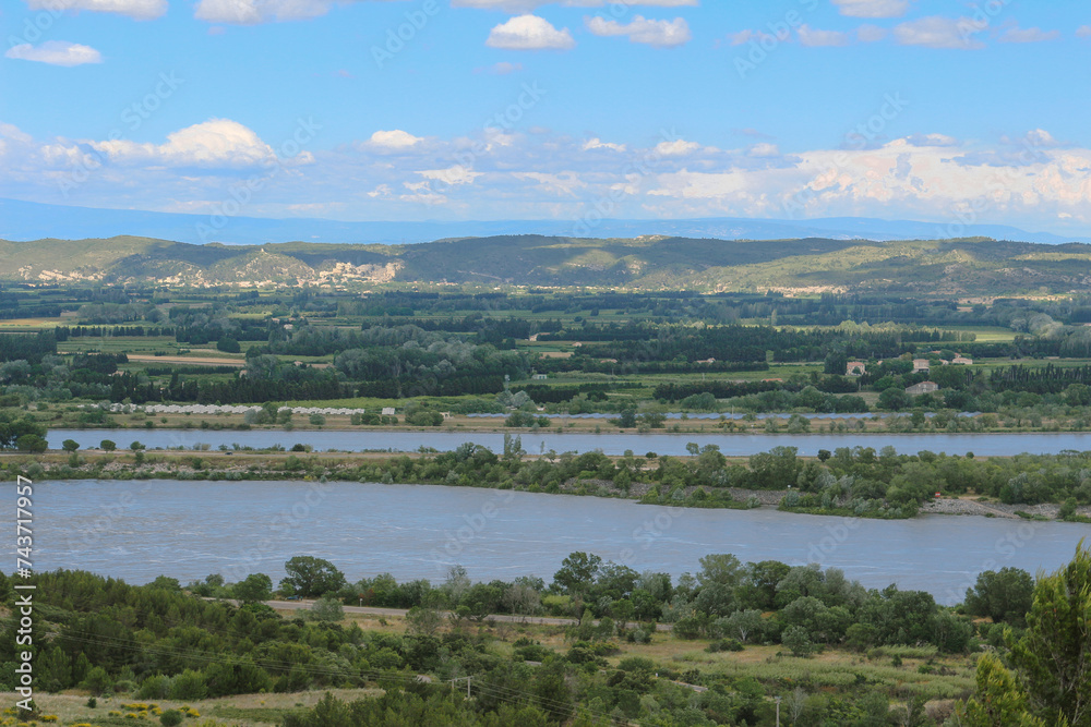 Provencal landscape in Beaucaire with the Rhone river, or Rhône. Picture taken from the abey of saint-Roman.