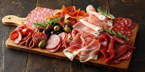 Freshly prepared slicing cured meats and cheeses beautifully served on a wooden tray, raw and cooked meat, aperitivo, restaurant, background.