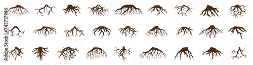 Tree roots silhouette collection. Set of brown tree roots silhouettes. Tree root logo collection