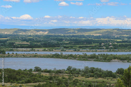 Provencal landscape in Beaucaire with the Rhone river, or Rhône. Picture taken from the abey of saint-Roman. © Bruno