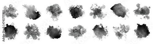 Black watercolor splashes texture collection. Set of black watercolor circles. Abstract watercolor splash collection. Splash of paints with drops
