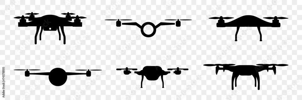 Civilian aerial drone icons in black on a white background. Set of ...