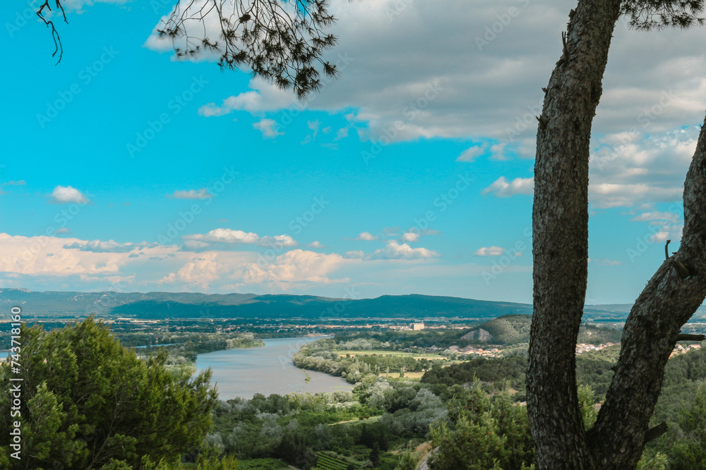 Provencal landscape in Beaucaire, Gard, France with the Rhone river, or Rhône. Picture taken from the abey of saint-Roman.
