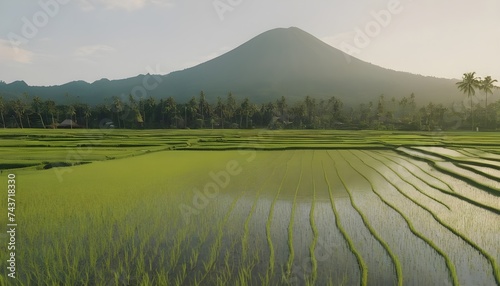 Nature portrait of rice fields and mountains in rural Indonesia with sunrise
