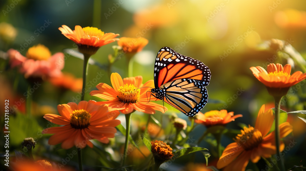 Monarch orange butterfly and bright summer flowers on a background at sunrise Monarch orange butterfly and bright summer flowers on a background at sunrise