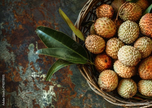 Fresh lychee fruit in a basket on rustic background.