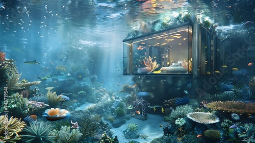 Tranquility underwater The charming underwater home space showcases the wonders of the waters through beautiful aquarium windows. Generative Ai 