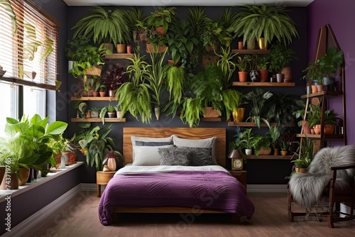 Serenity-Inspired Bohemian Bedroom Interiors with Vibrant Wall-Mounted Plant Decorations © Michael