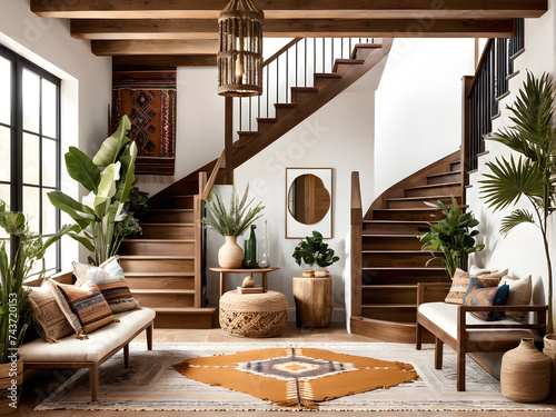 Boho-Chic Entry: Wooden Staircase Steals the Stylish Show
