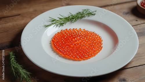 caviar on a white plate with herbs on wooden table
