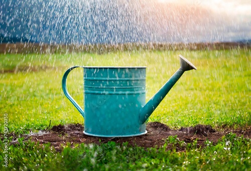 arrosoir sous la pluie au jardin, concept de changement climatique, récupération de l'eau photo