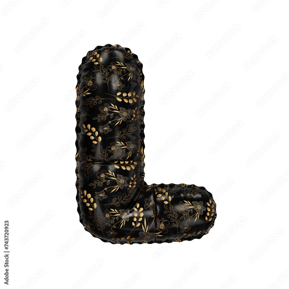 3D Helium Balloon Letter L with golder flowers/leaves on black surface texture 3D Helium Balloon Letter L with golder flowers/leaves on black surface texture