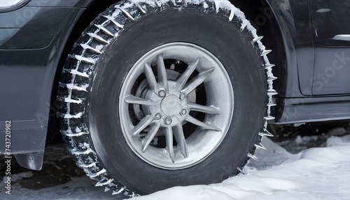 Winter wheel of the car with metal spikes. Copy space.