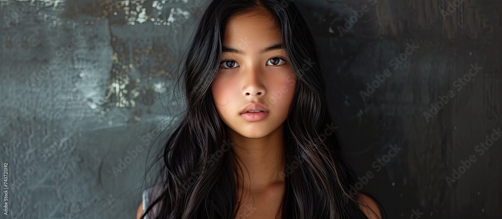 Fototapeta premium A photograph of a confident young Filipina with long black hair standing in front of a wall, serving as an inspiring role model.