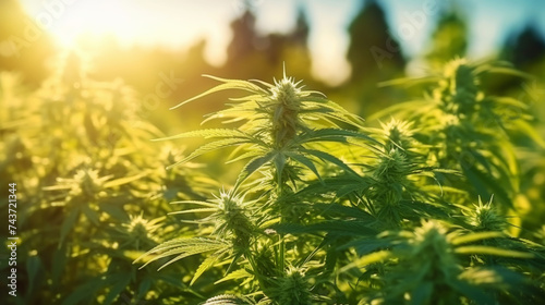 Close up of cannabis sativa bud on a field with soft focus with a sun rays flare. Medical hemp concept. Generative AI