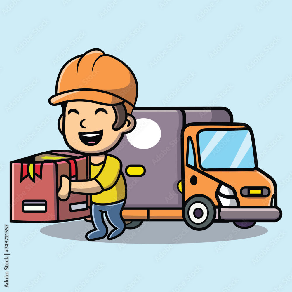 vector cute courier shipping package Colorful composition with deliveryman and truck illustration