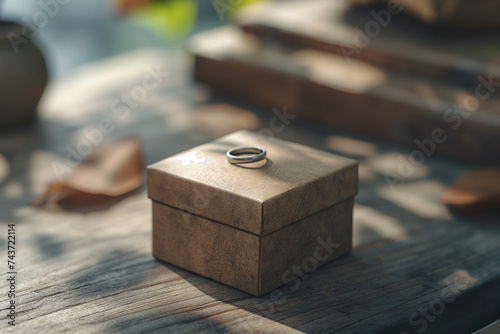 Wedding rings rest atop a wooden box, isolated like a timeless gift amidst the everyday tools of an office - sharpener, pencil, pen
